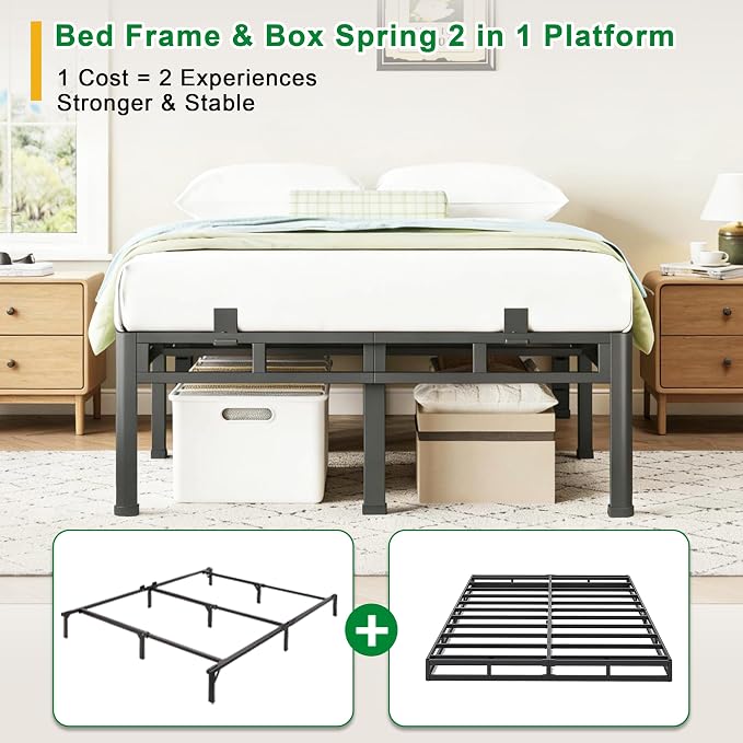 ROIL 14 Inch Twin XL Bed Frame, Double Layer Metal Bed Frame with Round Corner Legs, 4000LBS Bed Frame & Box Spring 2 in 1 Platform with Headboard Holes Mattress Baffles, Noise-Free Easy Assembly