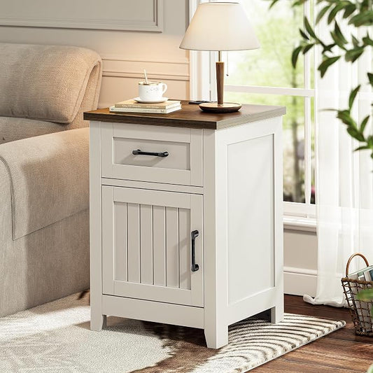 Decofy Farmhouse Nightstand with Charging Station, Modern End Tables with Large Storage and One Drawers, Outlets, USB Ports & Type-C Ports, Wood Rustic Nightstands for Bedroom (Pure White + Walnut)