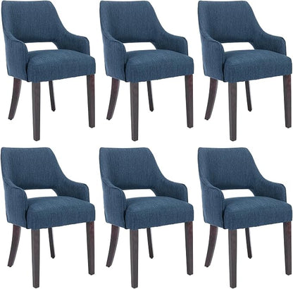 Linen Upholstered Dining Chairs Set of 6 with Arms | Blue linen fabric, breathable upholstery, curved backrest, cushioned seat, solid wood legs, farmhouse style for dining room