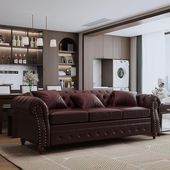 85.8" Tufted Leather Chesterfield Sofa with Storage, PU Chesterfield Couch with 3 Seats, Modern Chesterfield Sofa with Rolled Arm, Button Tufted Sofa for Living Room, Burgundy