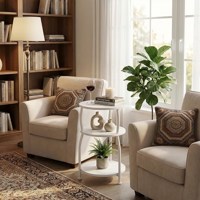 Round Side Table, 3-Tier End Table with Storage Shelf, 15.7" Wide Nightstand for Small Spaces, Tall Sofa Table Capable of Holding Laptops & Lamps, Bedside Table for Bedroom & Living Room, White