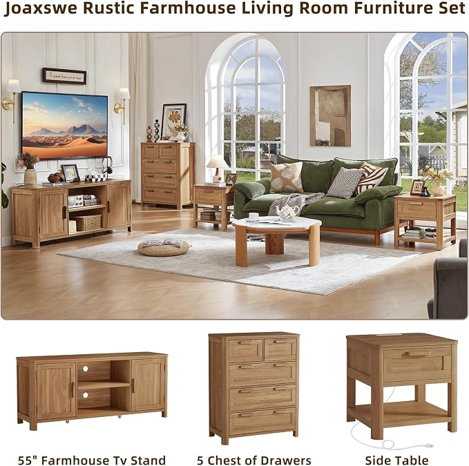 Joaxswe Farmhouse 55" Tv Stand,Dark Wood Entertainment Center with Adjustable Shelves & 2 Door Storage,Wooden Media Console Cabinet for TVs Up to 65 inches, Rustic Tv Stands for Living Room,Bedroom