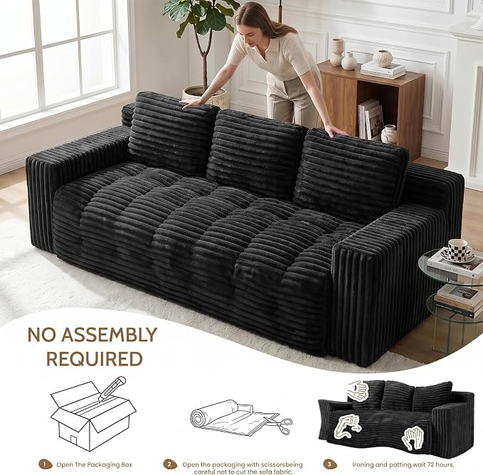 70” Boneless Couch, 3 Seater Sofa Couch with Extra Deep Seats 3 Pillows,Corduroy Modern Small Couch for Living Room, Office, Bedroom, Apartment,Black
