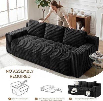 70” Boneless Couch, 3 Seater Sofa Couch with Extra Deep Seats 3 Pillows,Corduroy Modern Small Couch for Living Room, Office, Bedroom, Apartment,Black