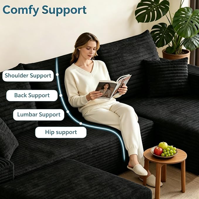 JINGLING 94" U Shaped Boneless Sectional Couch Set for Living Room, Plush Corduroy Modular Sofa with Ottoman, Small Space Apartment Couch, No Assembly, Left Facing Chaise, Black