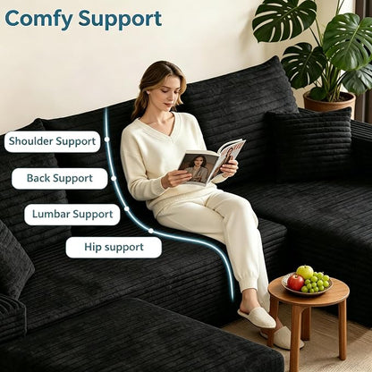 JINGLING 94" U Shaped Boneless Sectional Couch Set for Living Room, Plush Corduroy Modular Sofa with Ottoman, Small Space Apartment Couch, No Assembly, Left Facing Chaise, Black