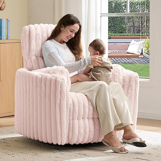 Jocisland Power Recliner Nursery Chair for Adults, Electric Swivel Rocking Glider with USB & Type-C, Soft Fabric Armchair with 2 Pillows, Cozy Reclining Sofa for Living Room, Bedroom, Light Pink