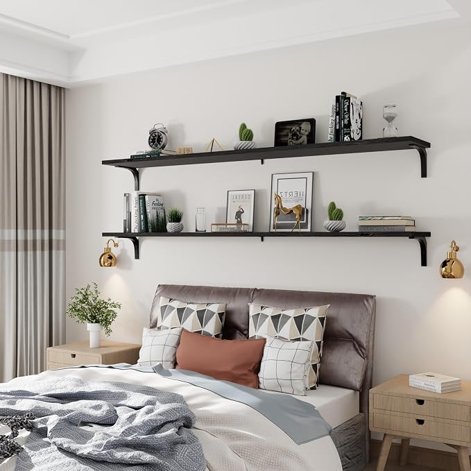 72 Inch Floating Shelves Set of 2, 12 Inch Deep Extra Long Black Solid Wood Wall Shelves with 120 lbs Capacity, 6ft Heavy Duty Farmhouse Wall Mounted Shelving for Living Room & Kitchen