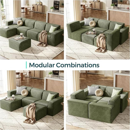 LINSY HOME Modular Sectional Sofa, 105" Boneless Couch L Shaped 3-Seat Sofa with Ottoman, Corduroy Sectional Cloud Couches for Living Room, No Assembly Required, Green