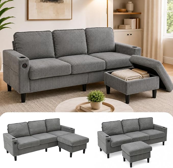 67'' L-Shaped Velvet Modular Sectional Couch Sofa with Ottoman, 3-Seat Convertible Cloud Deep Seat Sofa Couches for Living Room Bedroom Apartment, Cozy Chaise Lounge Sofas (Ligth Grey)