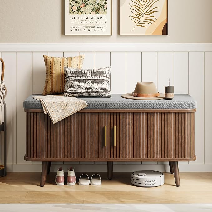 Decofy Shoe Storage Bench with Cushion and Sliding Doors, 39 Inch Shoe Bench with Storage, Freestanding Entryway Bench with Shoe Storage, with Solid Wood Legs, for Hallway & Entrance Hall, Walnut