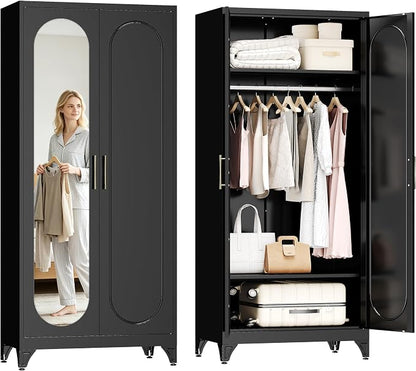 UNICOLY Metal Wardrobe Cabinet with Mirror Doors，71" Tall Armoire Wardrobe Closet with Hanging Rod and Adjustable Shelves，Black Clothing Storage Cabinets for Bedroom, Living Room,Office