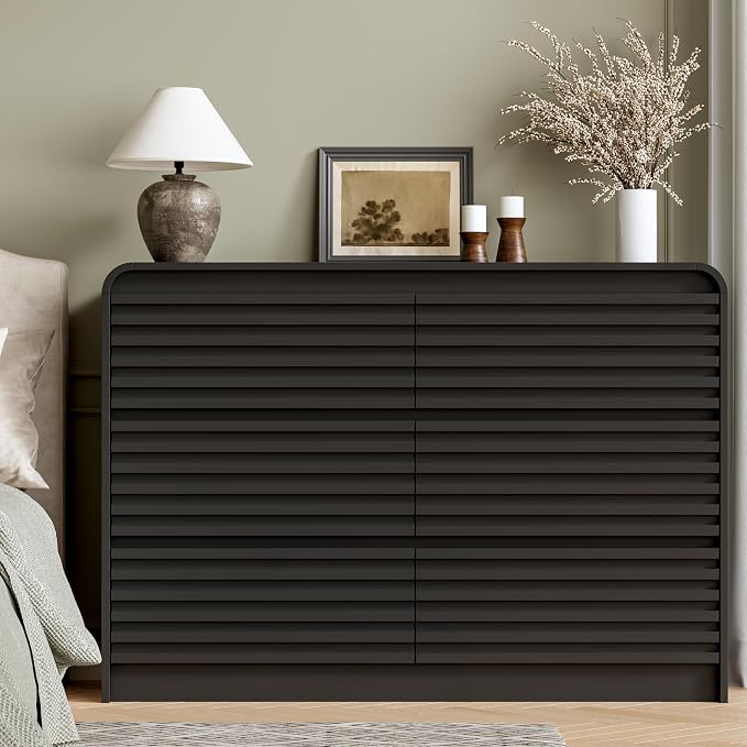 Dresser and Nightstand Sets for Bedroom, 3 Pcs Bedroom Set, Fluted 6 Drawer Dresser with Curved Profile and Night Stand Set of 2 with Charging Station, Wood Chest of Drawers, Black