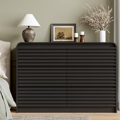 Dresser and Nightstand Sets for Bedroom, 3 Pcs Bedroom Set, Fluted 6 Drawer Dresser with Curved Profile and Night Stand Set of 2 with Charging Station, Wood Chest of Drawers, Black