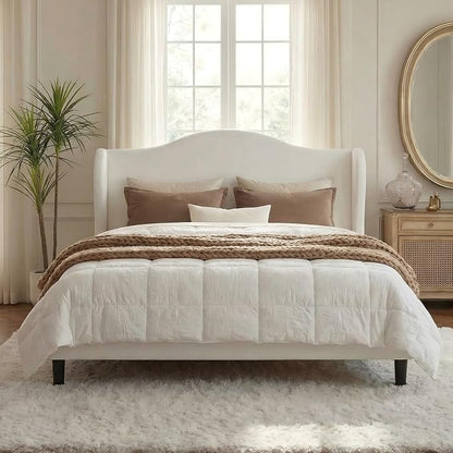 Allewie Velvet Platform Queen Bed Frame with Wingback and 47" Tall Tufted Headboard, Modern Minimalist Design, No Box Spring Required, Tool-Free Assembly, White
