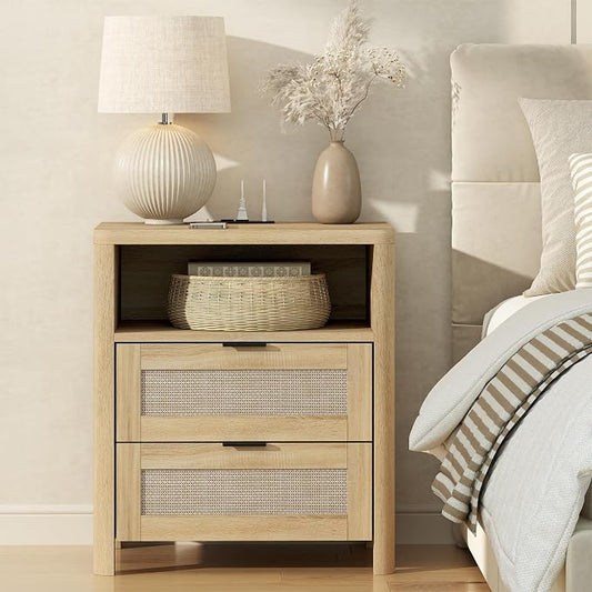 Boho Nightstand with Charging Station, Large Bedside Table with Two Drawers & Open Storage Shelf, Mid-Century Modern End Table Rattan-Look Drawer, Accent Side Table with Rounded Corners for Bedroom