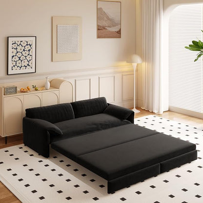 66" Sleeper Sofa Bed Queen Size, 3-in-1 Convertible Couch, Modern Pull Out Couches, Comfy Velvet Futon Sofa, Cloud Loveseat Lounge, Pillow Arm, for Small Spaces, Living Room, Apartment, Black