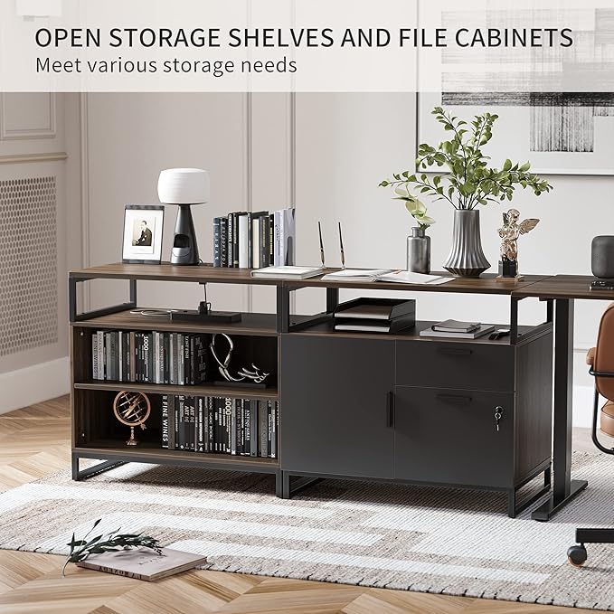 FEZIBO 66 Inch L Shaped Standing Desk with Drawers & Shelves, Executive Table Adjustable Height, Black Walnut Top/Black Frame
