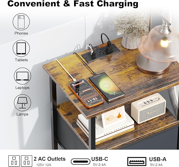 Side Table with Charging Station, Nightstand with Adjustable Fabric Drawer, Bedside Table for Bedrooms, Living Rooms & Home Decor (Brown Black)