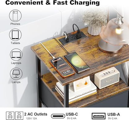 Side Table with Charging Station, Nightstand with Adjustable Fabric Drawer, Bedside Table for Bedrooms, Living Rooms & Home Decor (Brown Black)