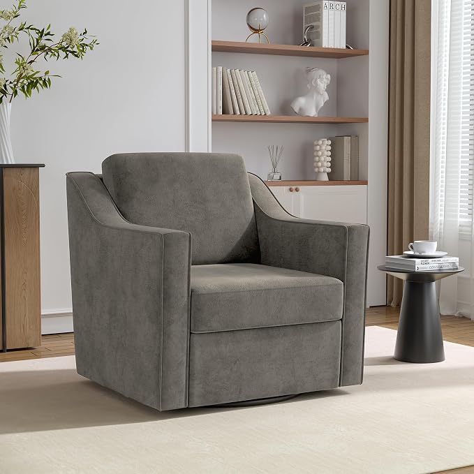 Swivel Accent Chair, 360° Swivel Upholstered Club Armchairs for Living Room, Comfy Single Sofa Reading Chair with Deep Seat, Metal Swivel Base, Chenille Fabric, Sand