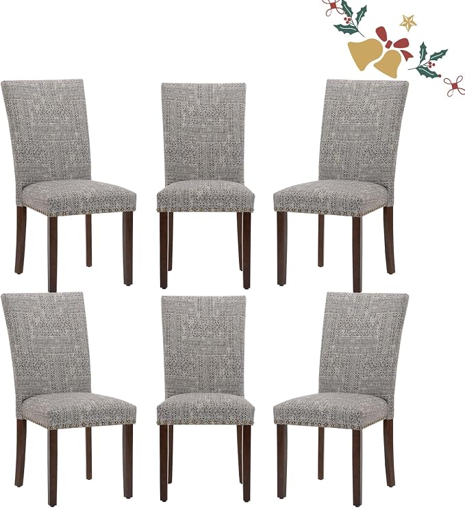 Parsons Dining Chairs Set of 6, Upholstered Nailhead Dining Room Kitchen Side Chair with Thick Cushions and Wood Legs, Black/White