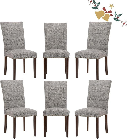 Parsons Dining Chairs Set of 6, Upholstered Nailhead Dining Room Kitchen Side Chair with Thick Cushions and Wood Legs, Black/White