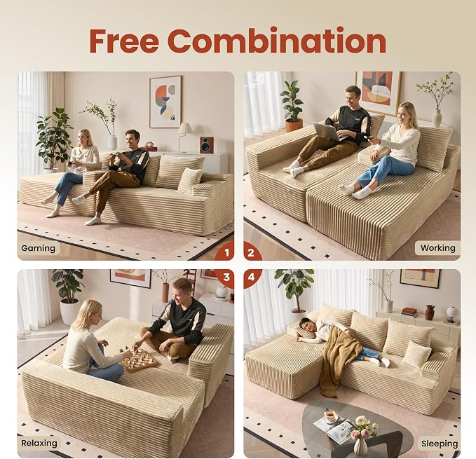 ovios 96" Cloud Sectional Couch with L-Shape Chaise,Modern Modular Sofa with Deep Seat, Upholstered Couches for Living Room Bedroom,No Assembly Required, Beige (Plush Corduroy Fabric)