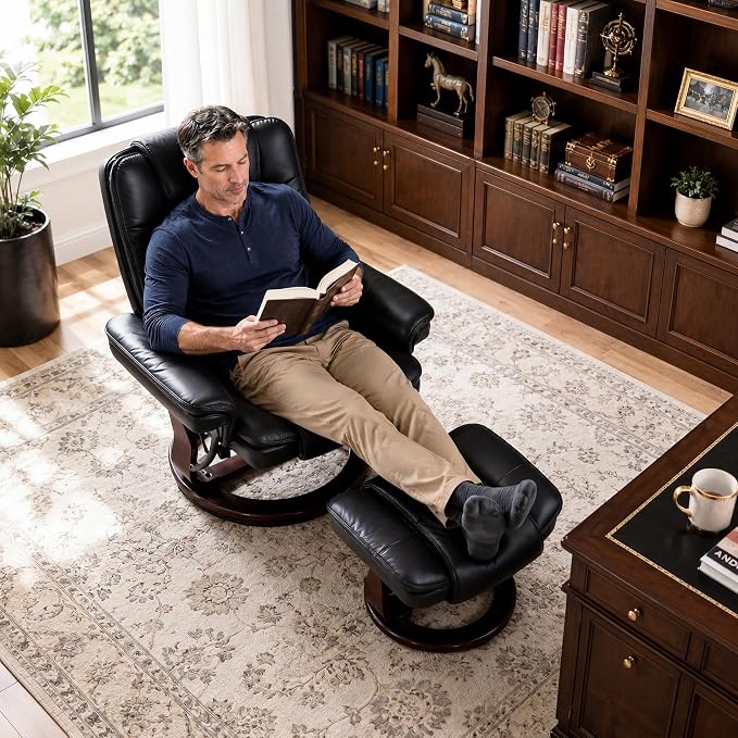Swivel Recliner Chair with Ottoman Reclining Lounge Sofa Footrest, Set of 1 | 360°Sturdy Wood Base, Soft PU Leather, Upholstered Ultra-Plush Foam, Modern Armchair, Living Room Bedroom Office Reading Home