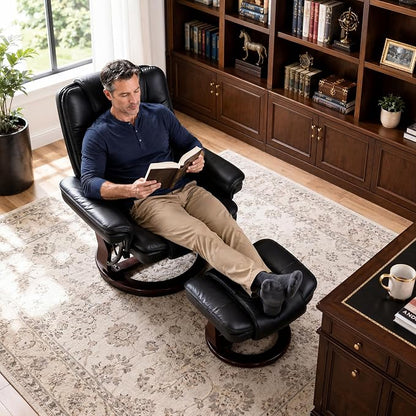 Swivel Recliner Chair with Ottoman Reclining Lounge Sofa Footrest, Set of 1 | 360°Sturdy Wood Base, Soft PU Leather, Upholstered Ultra-Plush Foam, Modern Armchair, Living Room Bedroom Office Reading Home