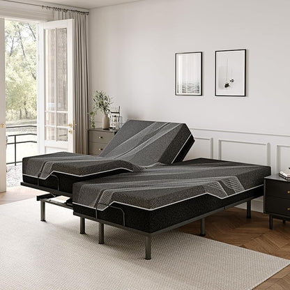 Dyonery Split King Adjustable Bed Frame with 14 inch Gel Memory Foam Mattress, CertiPUR-US Certified Fiberglass Free, Zero Gravity & Wireless Remote, Head & Foot Incline, 80"×76"