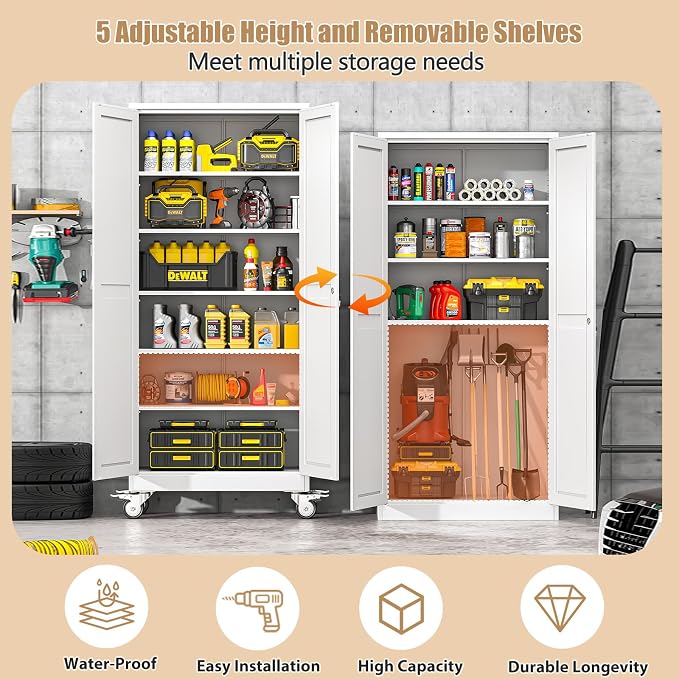 75" H Metal Pantry Storage Cabinet with Wheels,Rolling Kitchen Pantry Cabinet with 2 Doors and 5 Adjustable Shelves, Locker Steel Cabinet,Organization Cabinet for Garage,Home,Gym,School,White