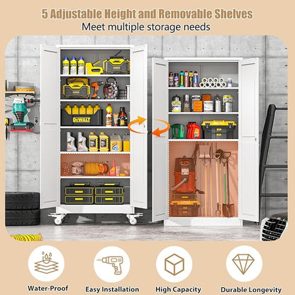 75" H Metal Pantry Storage Cabinet with Wheels,Rolling Kitchen Pantry Cabinet with 2 Doors and 5 Adjustable Shelves, Locker Steel Cabinet,Organization Cabinet for Garage,Home,Gym,School,White
