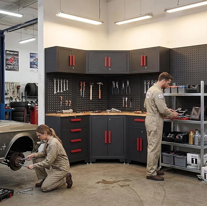 Corner Workshop Set,10-Pcs Garage Cabinets and Storage System with Corner Cabinet, Cabinet Drawers, Workbench, Pegboard for Tool Organization, Red and Black
