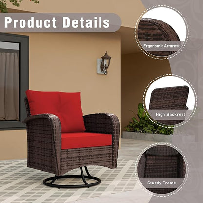 3 Piec Patio Bistro Set with 2 Rocking Chairs & Table, 360° Swivel PE Wicker Outdoor Furniture, Heavy-Duty Steel Frame,Weatherproof Cushions, Red