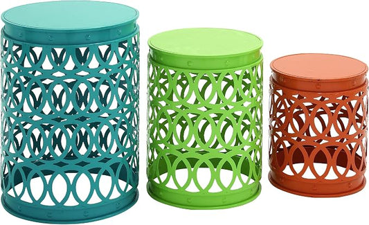 Deco 79 Metal Accent Table, 22", 18", 15"H, Matte Multi Colored | Small outdoor table style, set of 3 accent tables, outdoor end tables for patio, laser cut iron