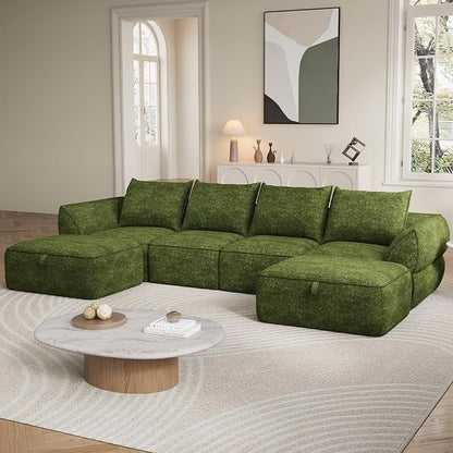 132" Modular Sectional Sofa with Deep Seat, U-Shaped Cloud Couch for Living Room, 4-Seater Boneless Sofa with 2 Ottomans, Flexible Combination Modern Upholstery Sofa, No Assembly Required, Algae Green