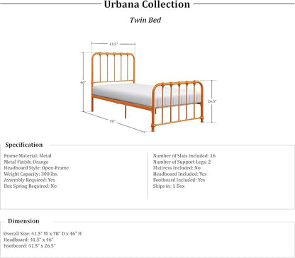 Lexicon Twin Metal Bed Frame, Platform Bed with Strong Metal Slat Support Under Bed Storage, Twin Bed Frame with Headboard, No Box Spring Needed, Easy Assembly, Twin, Orange