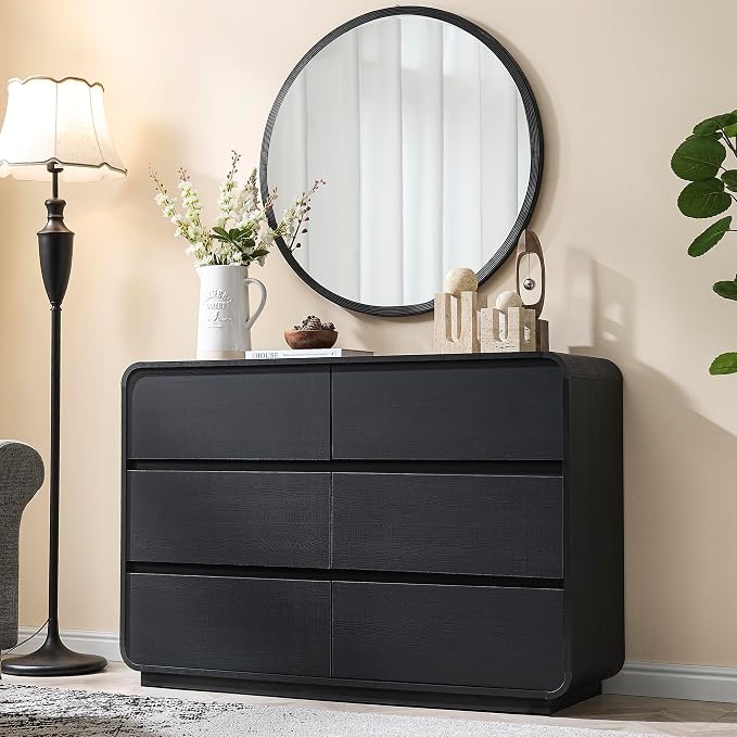 Standifurno Curved Dresser with 6 Drawers, 47" Wide Chest of Drawers with Clothes Storage Organizer, Wood Dresser Closet for Living Room, Hallway (Black)