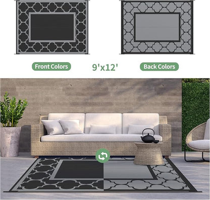 GENIMO Outdoor Rug 9' x 12' Waterproof for Patio Decor, Reversible Plastic Straw Area Rugs Mat for Camper, Outside Carpet for Camping, Rv, Deck, Porch, Picnic, Beach, Balcony, Black & Grey