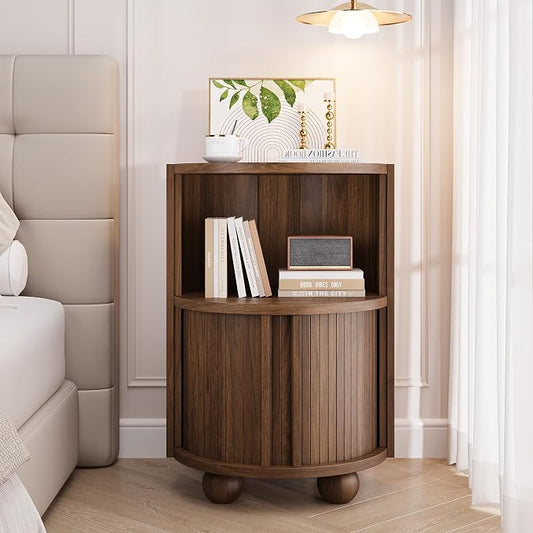 Decofy Modern Round Nightstand with Sliding Doors and 2 Storage Shelves, Modern Bedside End Table,Suitable for Bedroom (Walnut)