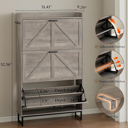 BORNOON Shoe Cabinet with 3 Flip Drawers Narrow Shoe Storage Cabinet Organizer Wooden Freestanding Shoe Rack Hidden Slim Shoes Storage Cabinet for Entryway, Hallway, Living Room, Bedroom