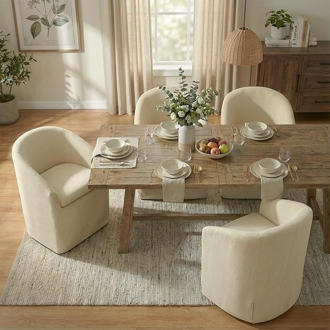KISLOT Upholstered Dining Chairs with Casters, Washable Cover Modern Dining Room Chairs with Barrel Backrest & Dual Armrest for Kitchen, Living Room, Bedroom, Sand Fabric, 4PCS