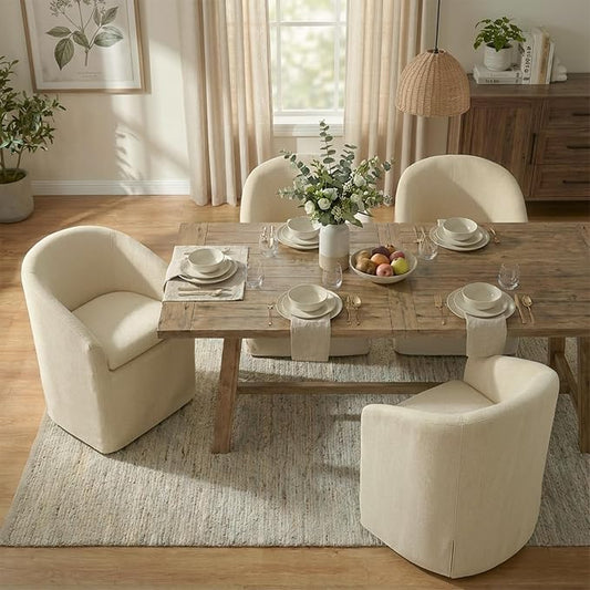 KISLOT Upholstered Dining Chairs with Casters, Washable Cover Modern Dining Room Chairs with Barrel Backrest & Dual Armrest for Kitchen, Living Room, Bedroom, Sand Fabric, 4PCS