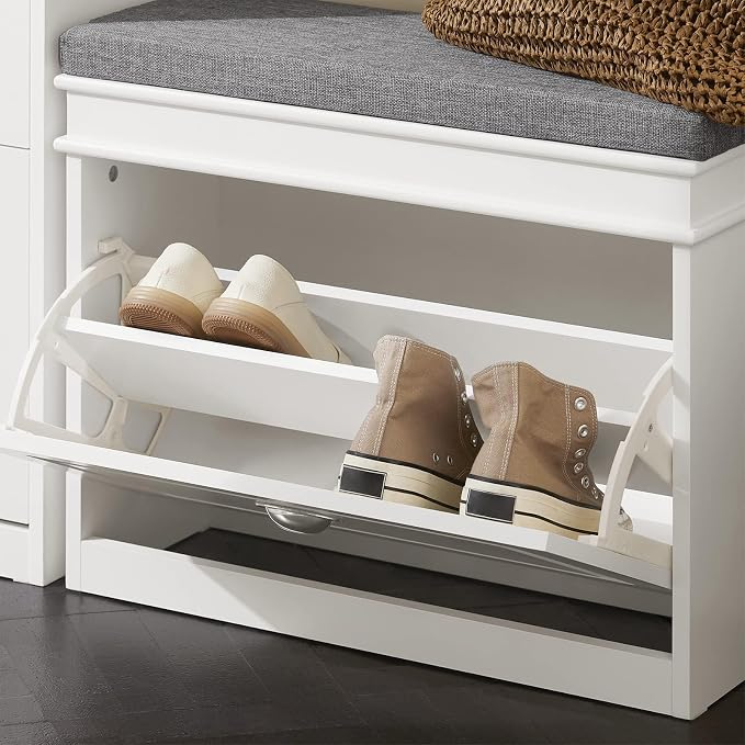SoBuy Tiny Shoe Storage Bench, Narrow Shoe Cabinet for Entryway, Small Shoe Rack with Cushion&2 Tiers Flip-Drawer, Closet Hallway Mudroom White FSR82-K-W
