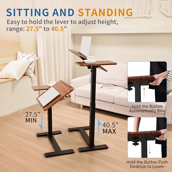 Adjustable Overbed Bedside Table with Hidden Wheels, Pneumatic Tilt Board Rolling Laptop Standing Desk Cart, Mobile Over Bed Sofa Chair Side End Tables, Walnut (Walnut)