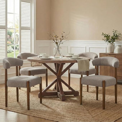VKNOW Wooden Dining Chairs Set of 4, Modern Upholstered Dining Room Chairs with Walnut Wood Legs and Curved Backrest, Fabric Kitchen Chairs for Farmhouse/Living Room/Dining Room, Brown