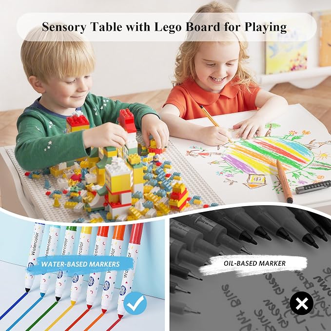 Easyego Kid Sensory Table with Storage - Activity Table with Building Block Boards & Foldable Storage Bins, Birthday Gifts for Boys and Girls - White