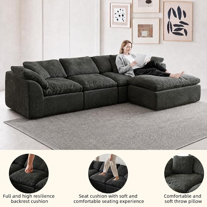 109" Boneless Cloud Couch Sectional for Living Room, Oversized Modular L Shaped Sofa with Ottoman, Deep Seat Chenille Sectional Couch for Cloud-Like Comfort (Onyx Black)