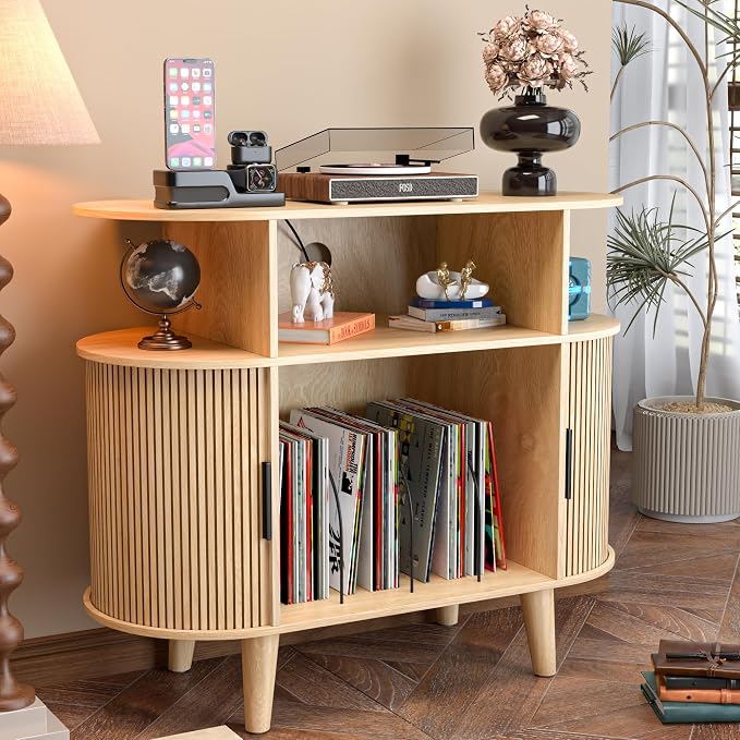 LUVIOHOME Large Round Record Player Stand with Charging Station & USB Ports，Record Storage Cabinet, Mid Century Modern Turntable Stand for Bedroom Living Room (Small Oak)